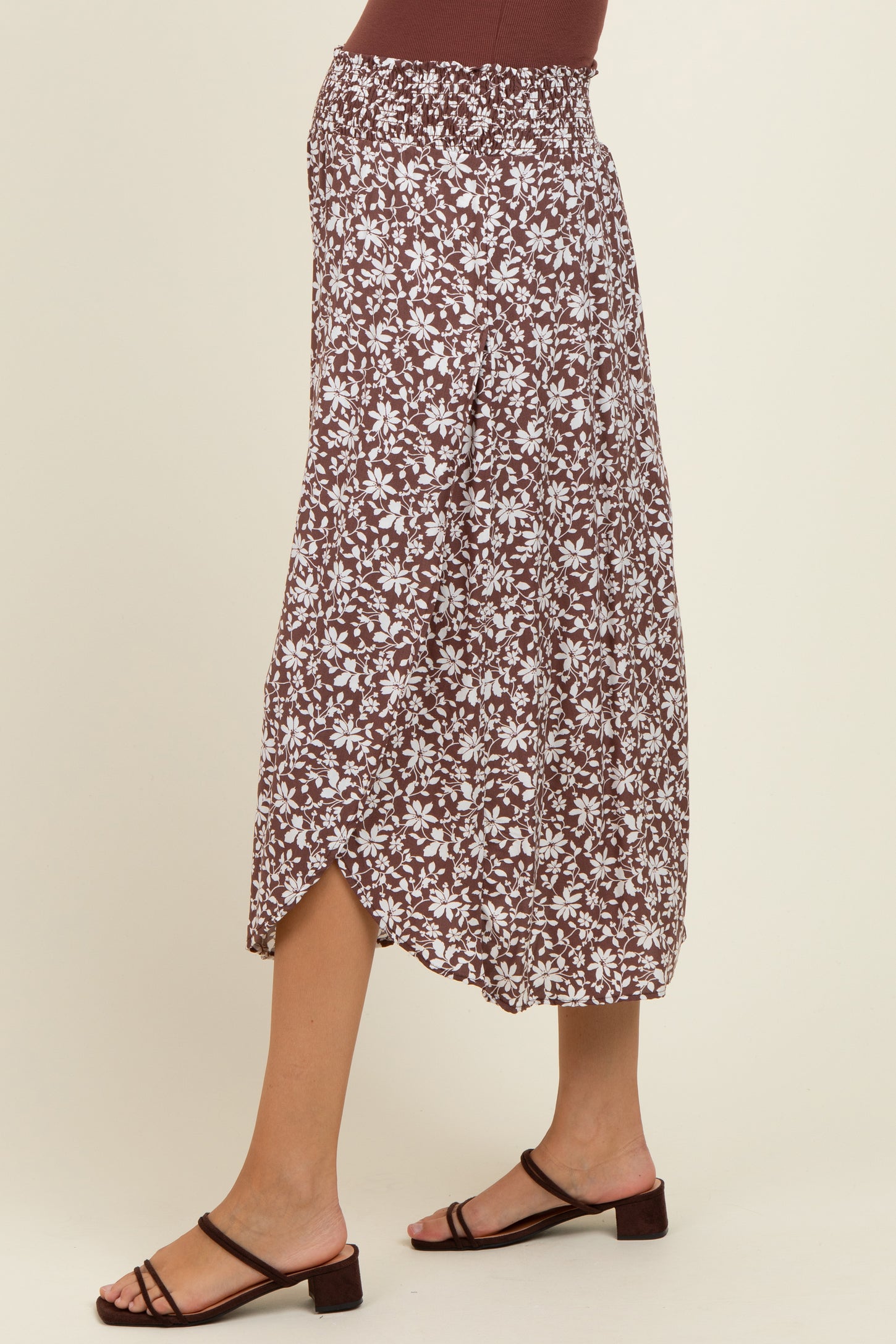 Brown Floral Smocked Waist Side Slit Maternity Skirt