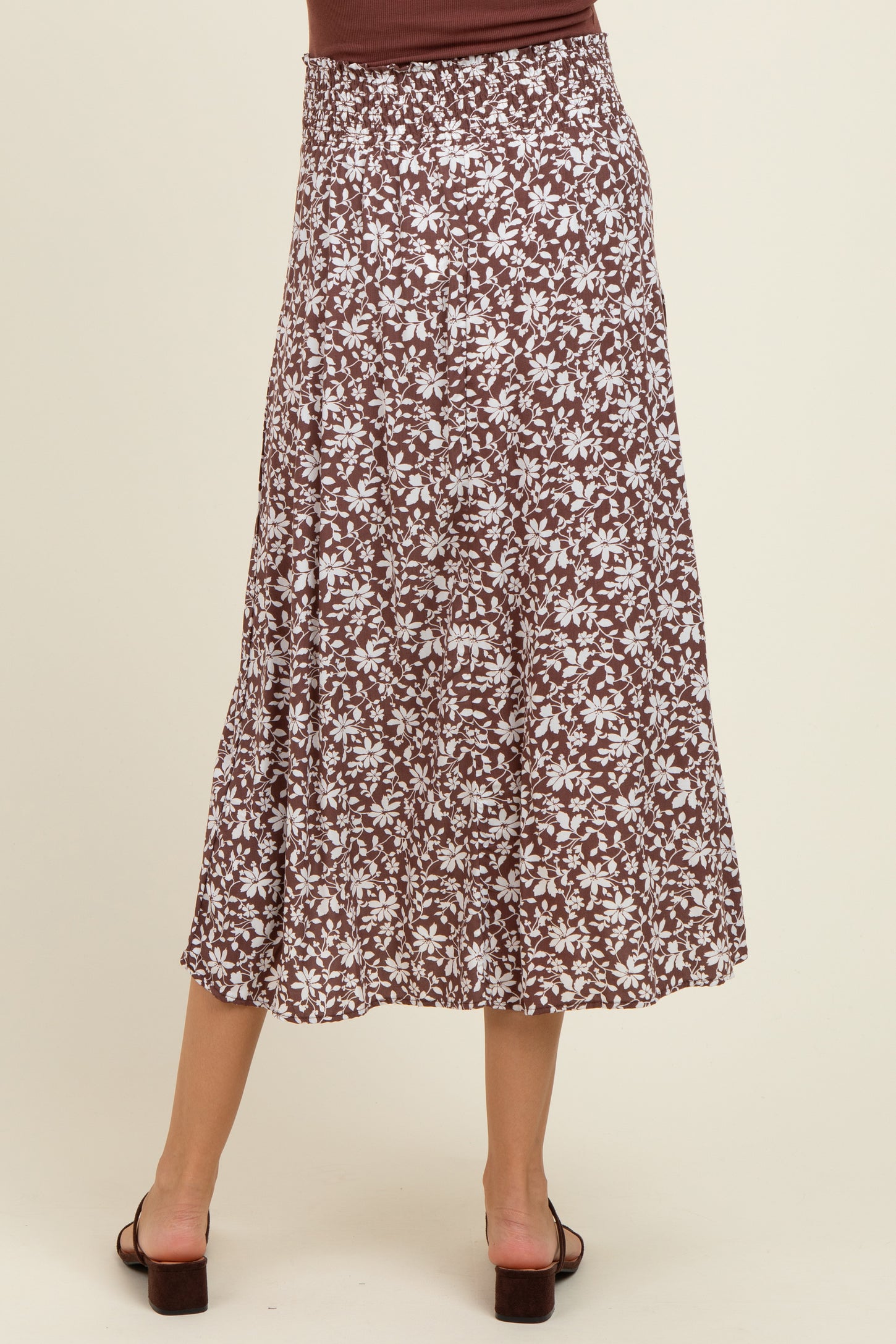 Brown Floral Smocked Waist Side Slit Maternity Skirt