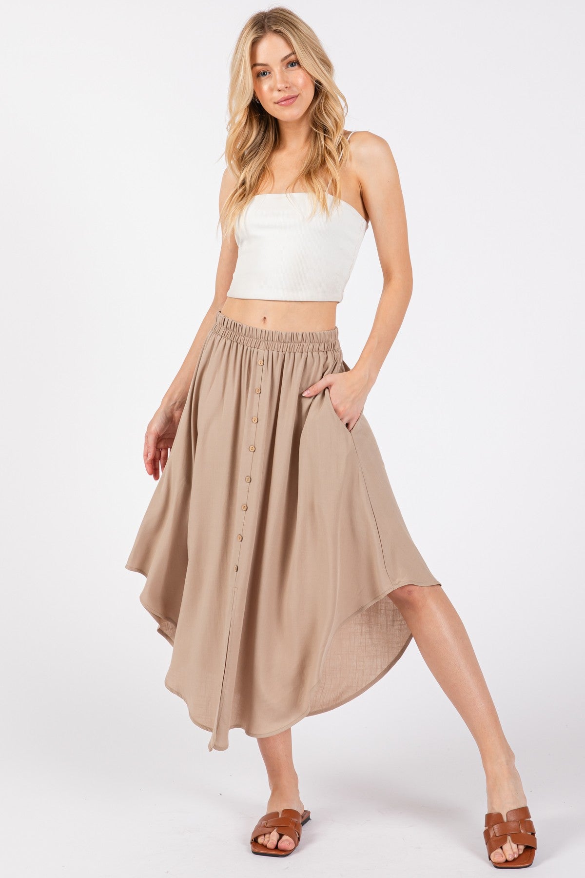 Beige Button Accent Round Hem Midi Skirt