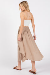 Beige Button Accent Round Hem Midi Skirt
