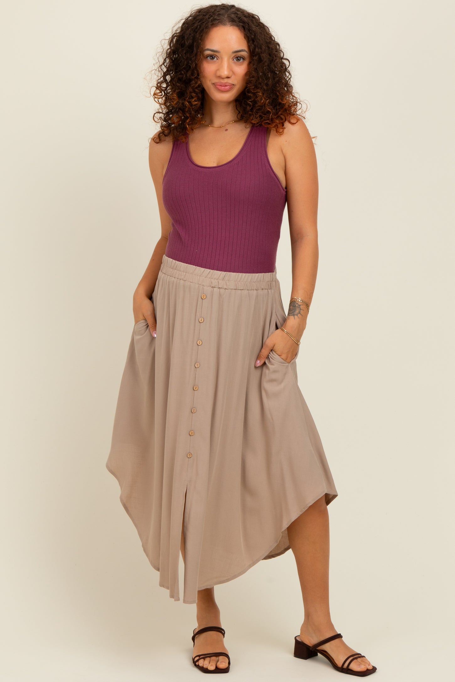 Beige Button Accent Round Hem Maternity Midi Skirt