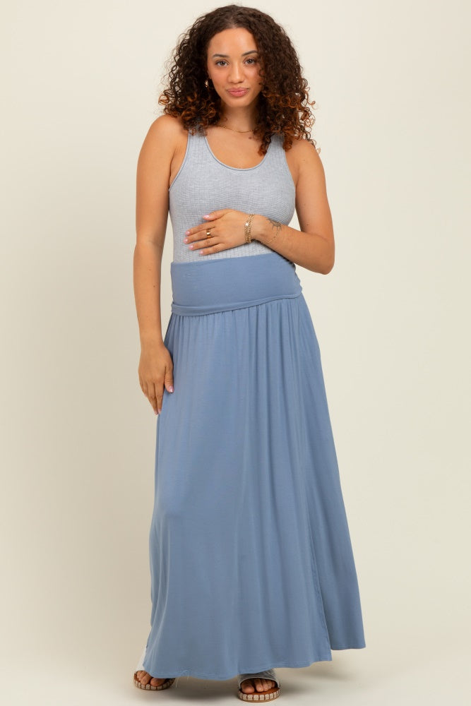 Light Blue Foldover Waist Side Slit Maternity Maxi Skirt