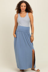 Light Blue Foldover Waist Side Slit Maternity Maxi Skirt