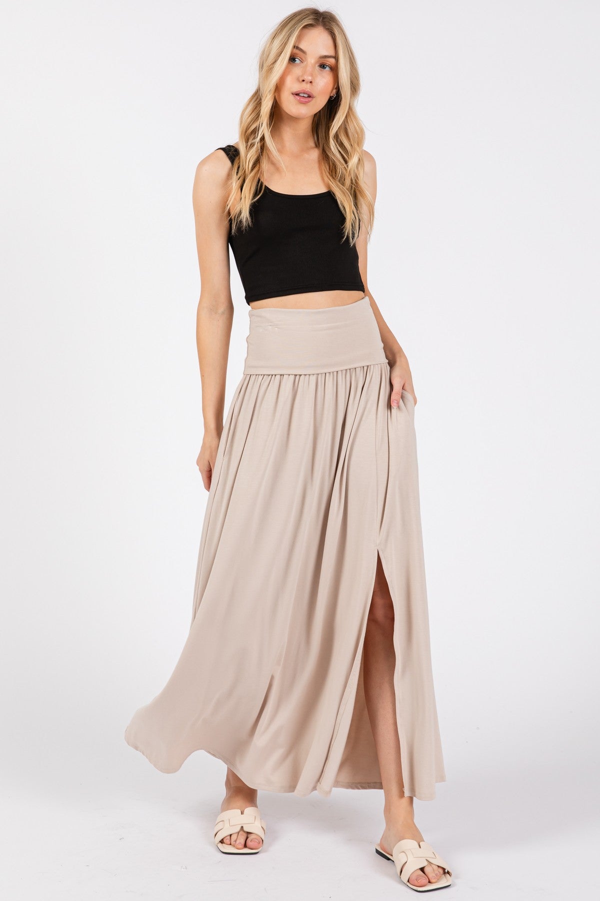 Beige Foldover Waist Side Slit Maxi Skirt