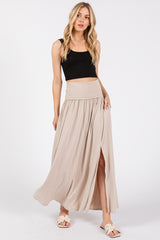 Beige Foldover Waist Side Slit Maxi Skirt
