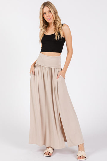 Beige Foldover Waist Side Slit Maxi Skirt