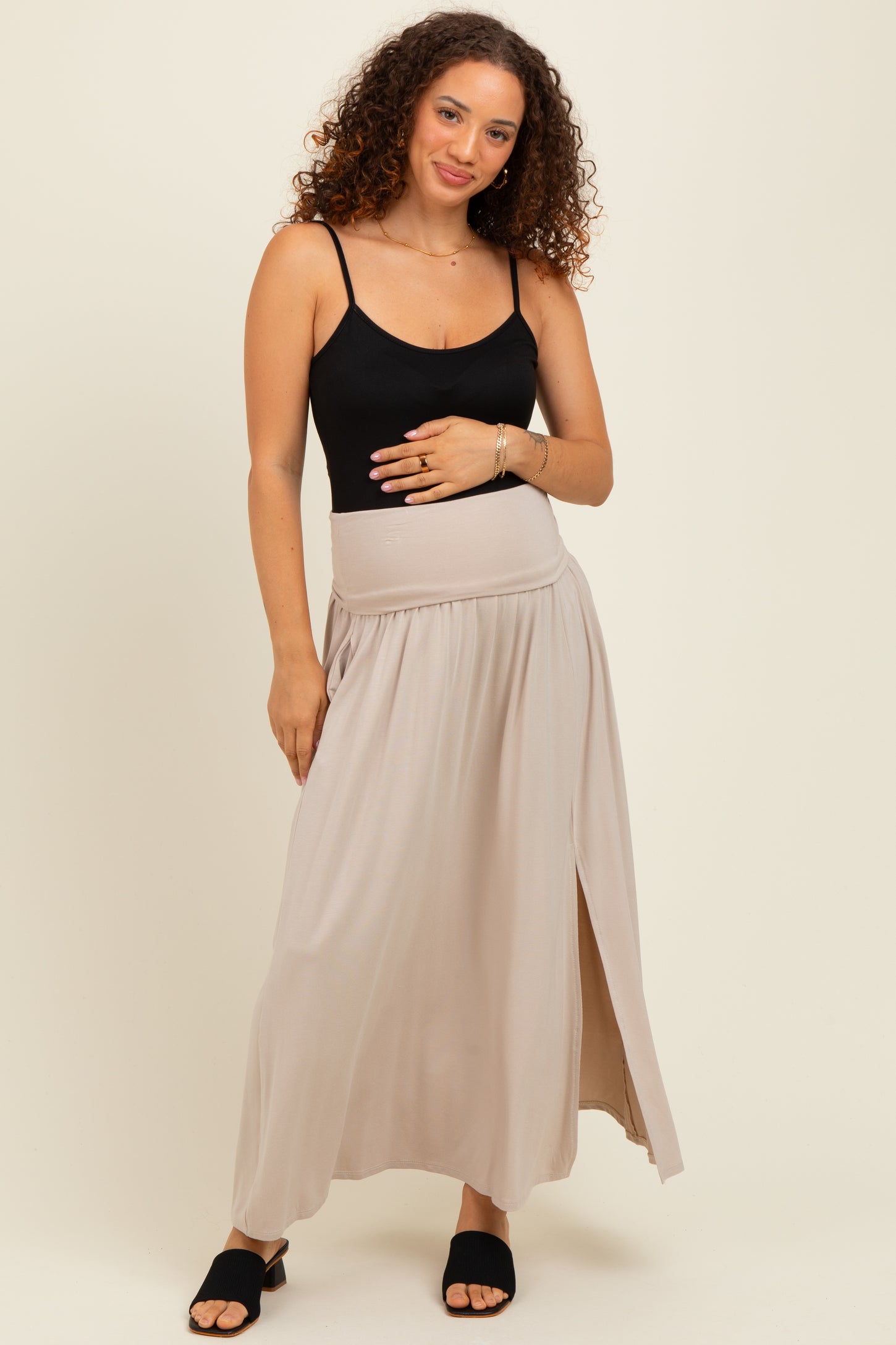 Beige Foldover Waist Side Slit Maternity Maxi Skirt