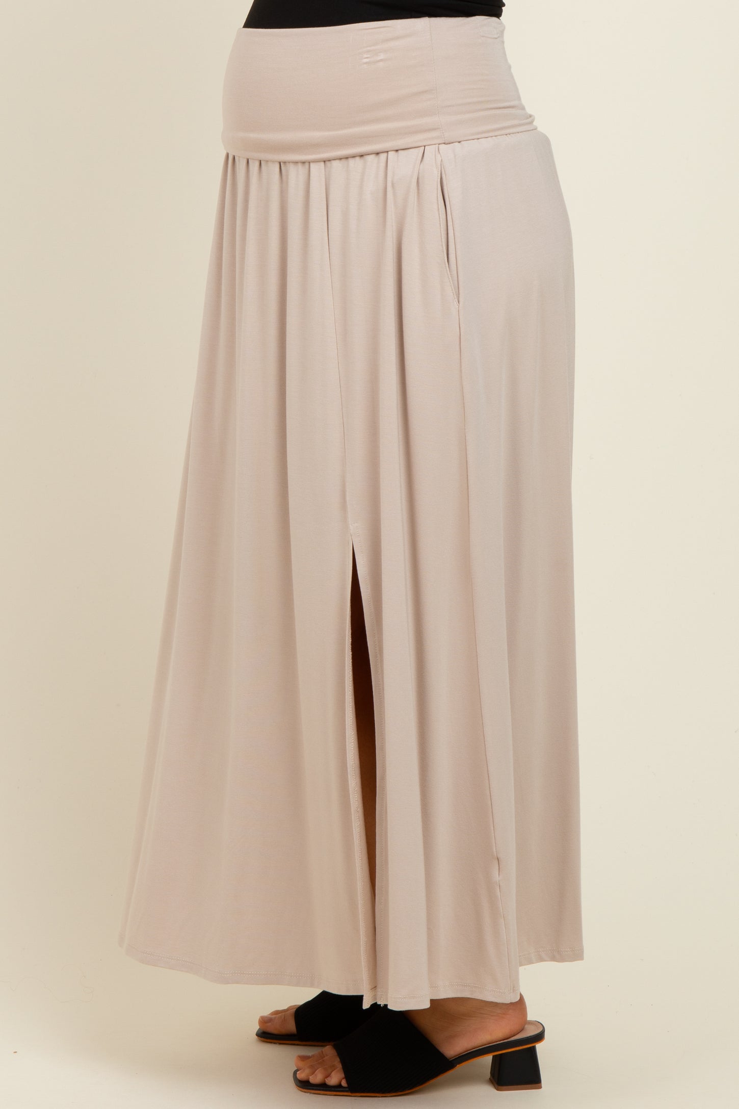 Beige Foldover Waist Side Slit Maternity Maxi Skirt