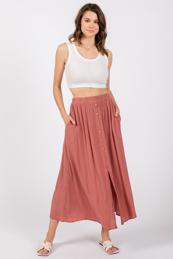 Mauve Button Accent Maxi Skirt