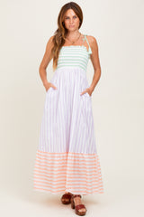 Lavender Multi-Color Striped Color Block Shoulder Tie Maxi Dress