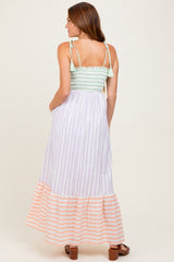 Lavender Multi-Color Striped Color Block Shoulder Tie Maxi Dress