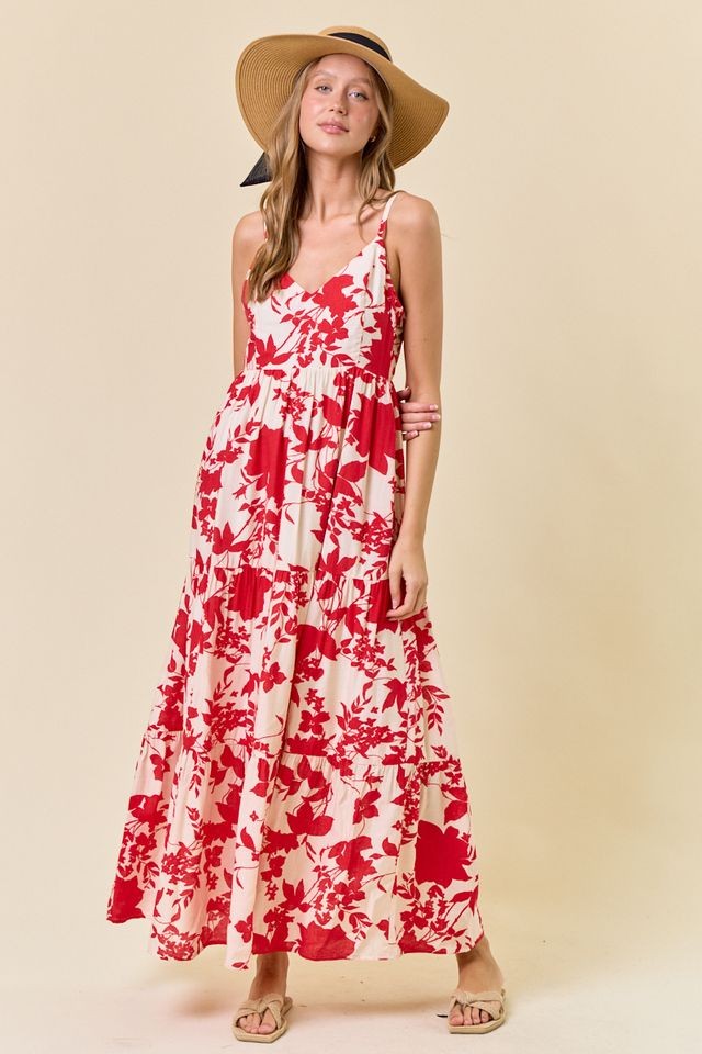 Red Floral Cutout Tie Back Maxi Dress