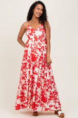 Red Floral Cutout Tie Back Maternity Maxi Dress