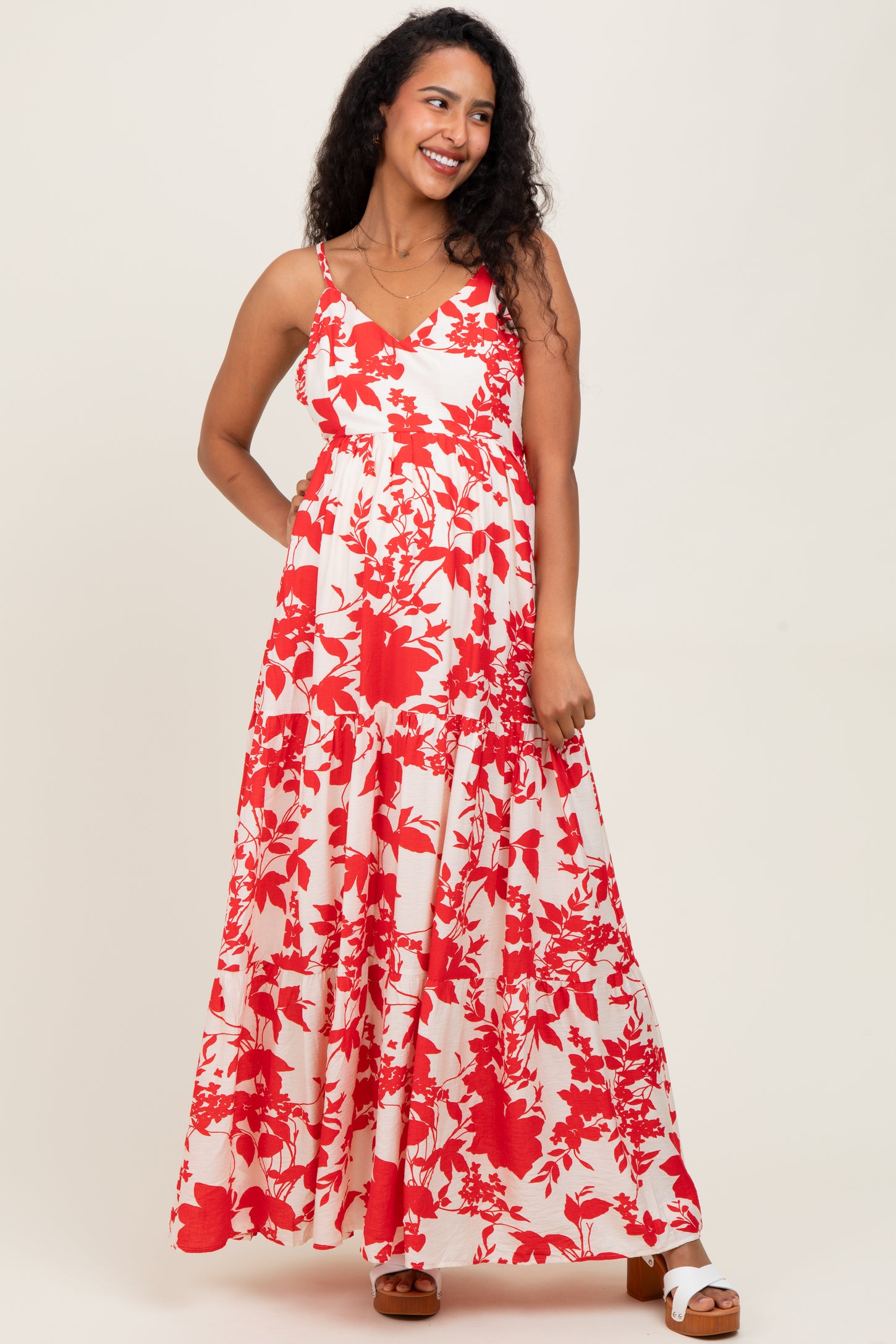 red floral cut out dress Pretty Lavish tiered cut out maxi dress in pink and red floral
