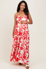 Red Floral Cutout Tie Back Maternity Maxi Dress