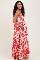 Red Floral Cutout Tie Back Maternity Maxi Dress