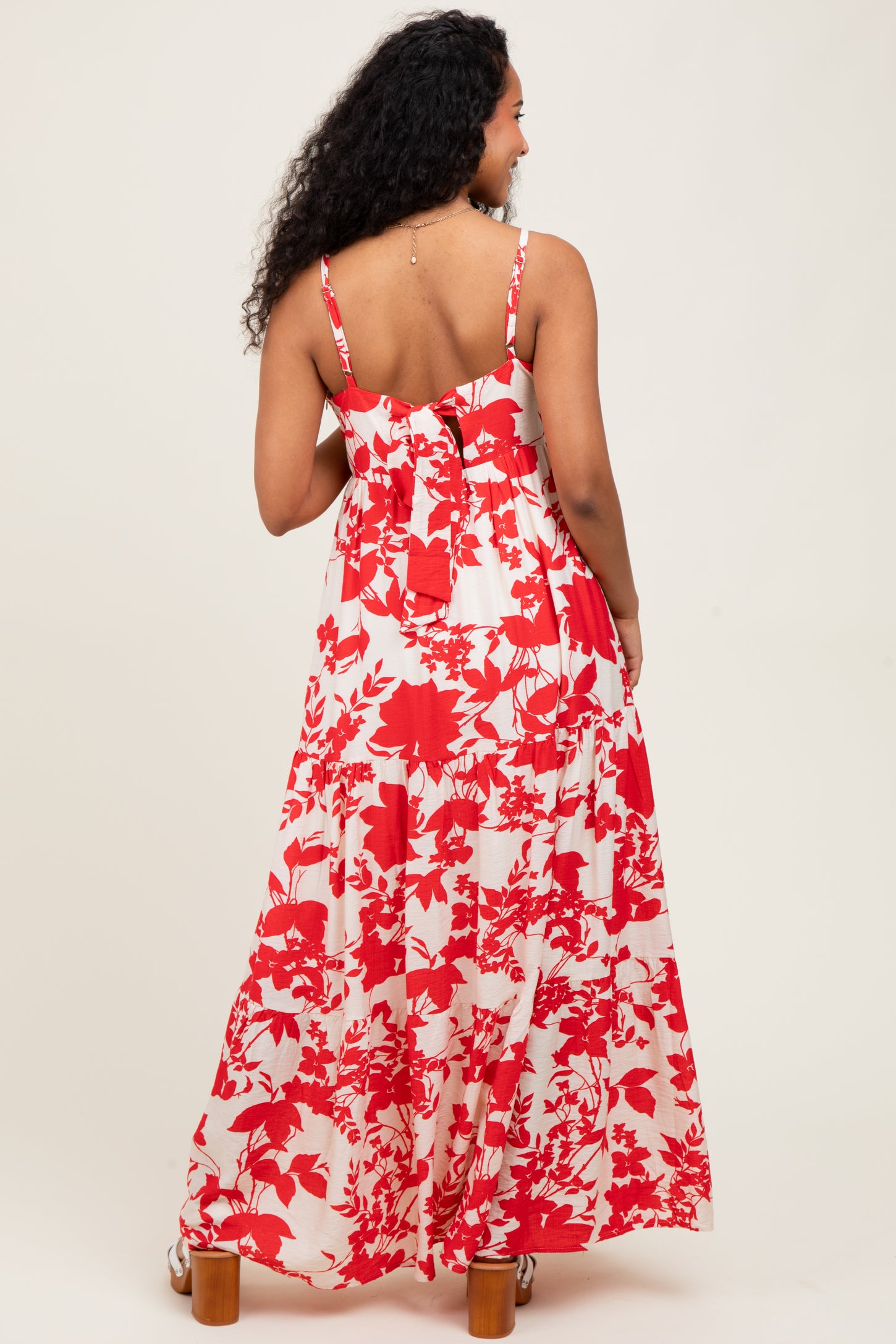 Red Floral Cutout Tie Back Maternity Maxi Dress