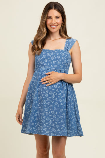 Blue Floral Chambray Maternity Mini Dress