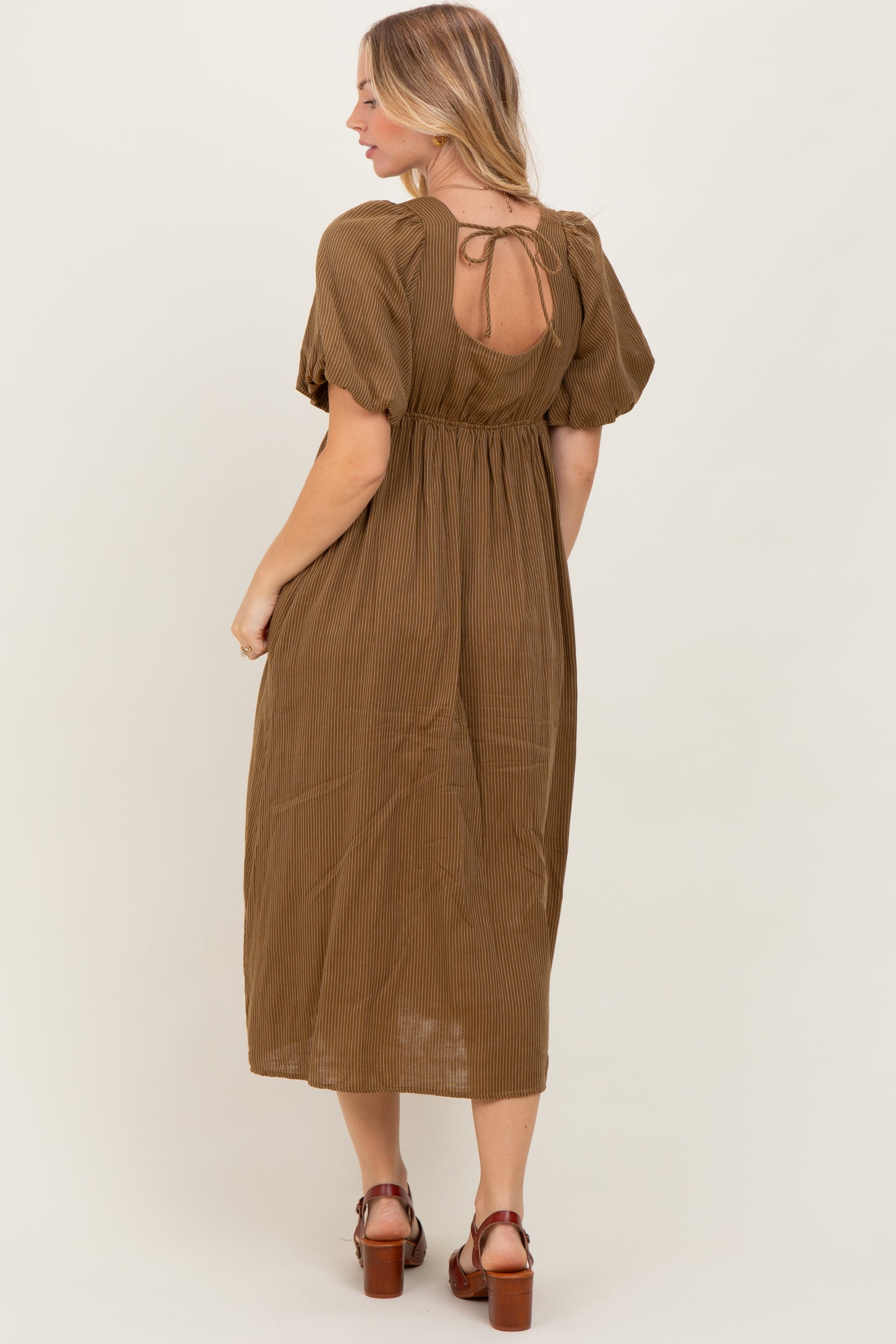 tie back puff sleeve midi dress White Linen Tie Back Puff Sleeve Maxi Dress