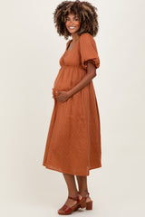 Rust Ribbed Puff Sleeve Tie Back Maternity Midi Dress