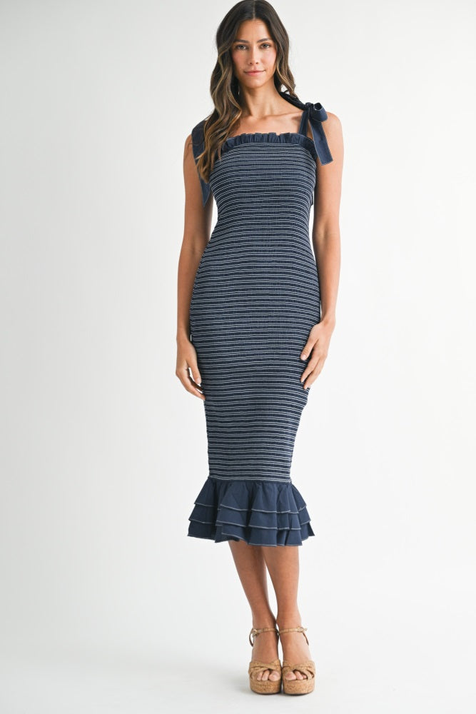 Navy Striped Smocked Shoulder Tie Mid Dress