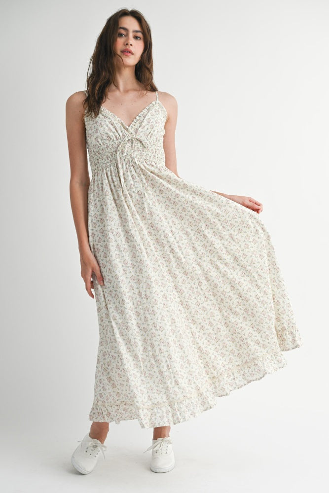 Mauve Floral Smocked Waist Ruffle Accent Midi Dress