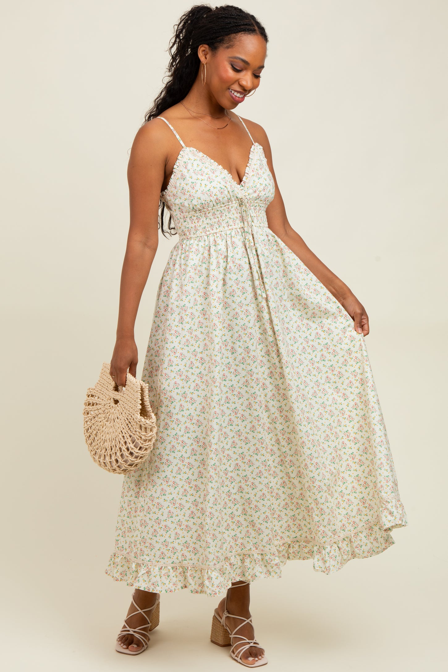 Pink Floral Smocked Waist Ruffle Accent Midi Dress