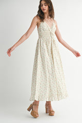 Pink Floral Smocked Waist Ruffle Accent Midi Dress