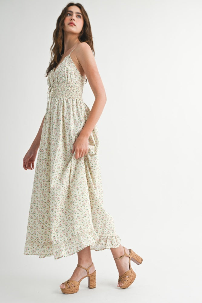 Pink Floral Smocked Waist Ruffle Accent Midi Dress