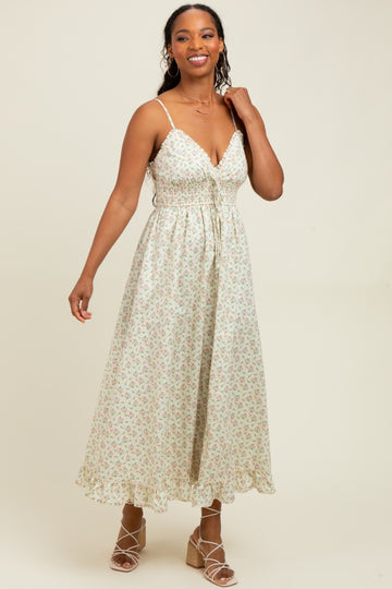 Pink Floral Smocked Waist Ruffle Accent Midi Dress