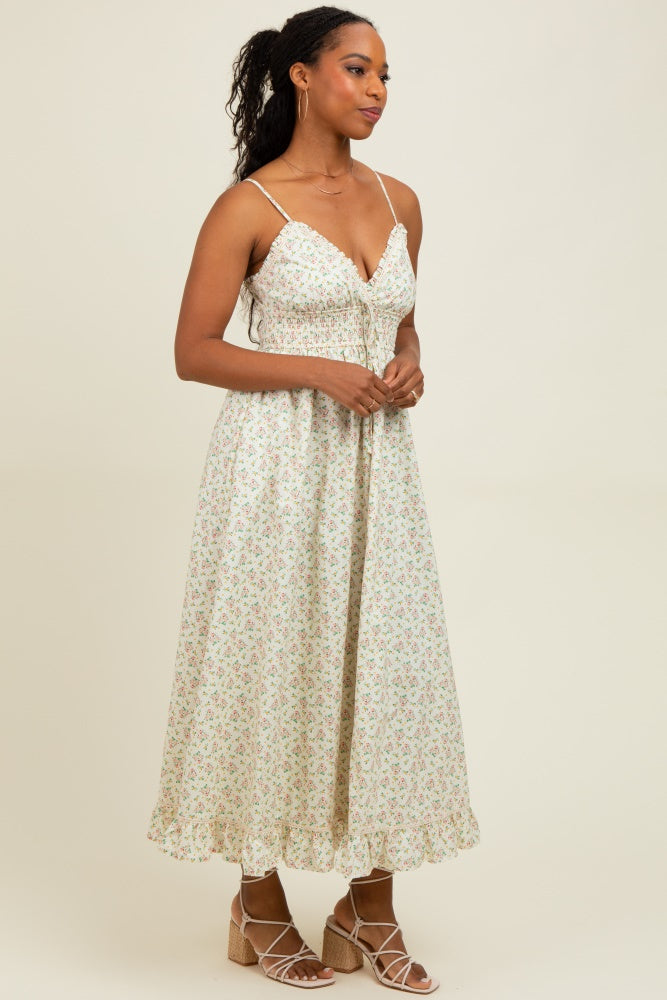 Pink Floral Smocked Waist Ruffle Accent Midi Dress