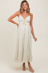 Pink Floral Smocked Waist Ruffle Accent Maternity Midi Dress