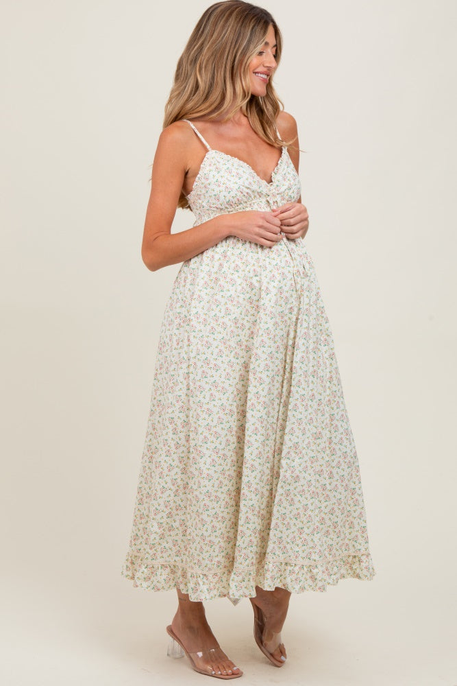 Pink Floral Smocked Waist Ruffle Accent Maternity Midi Dress