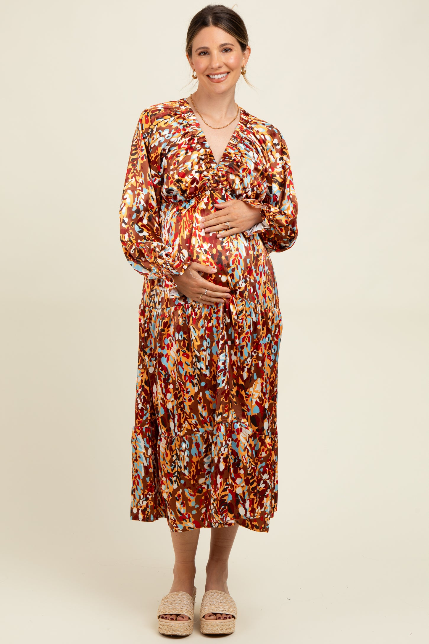 Mocha Multi Color Satin V-Neck Long Sleeve Maternity Maxi Dress