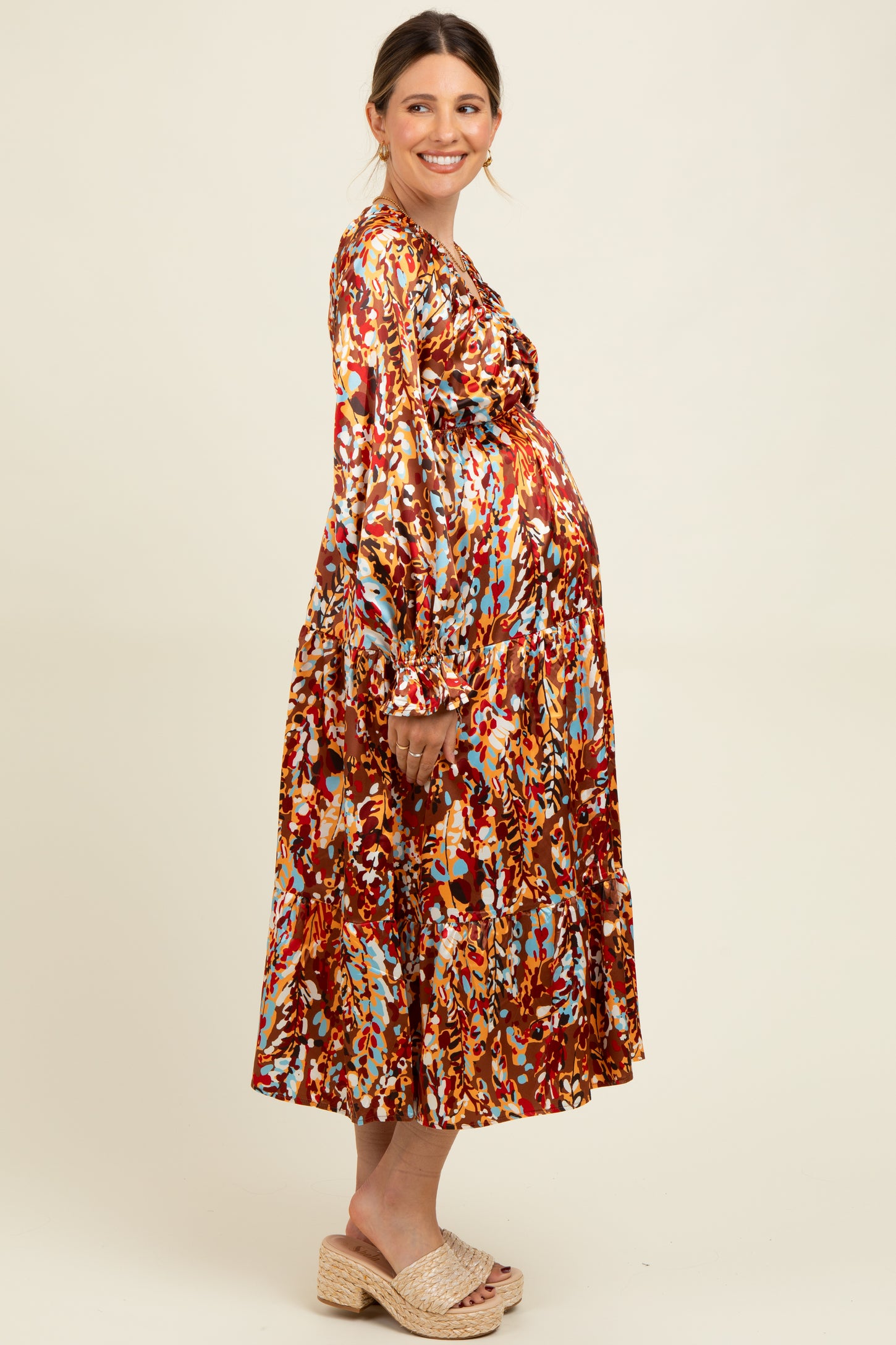 Mocha Multi Color Satin V-Neck Long Sleeve Maternity Maxi Dress