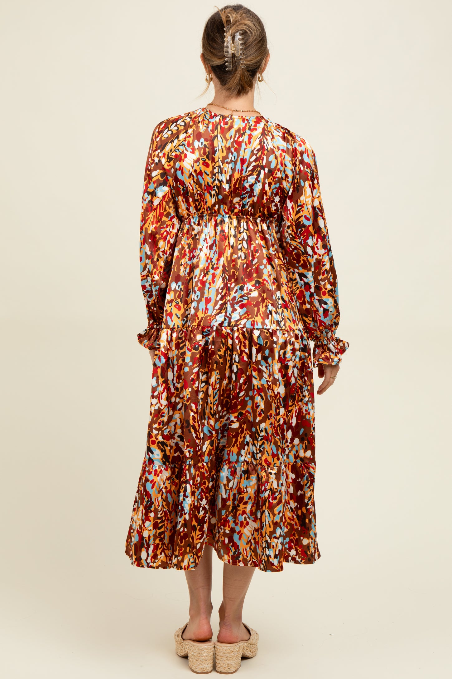 Mocha Multi Color Satin V-Neck Long Sleeve Maternity Maxi Dress