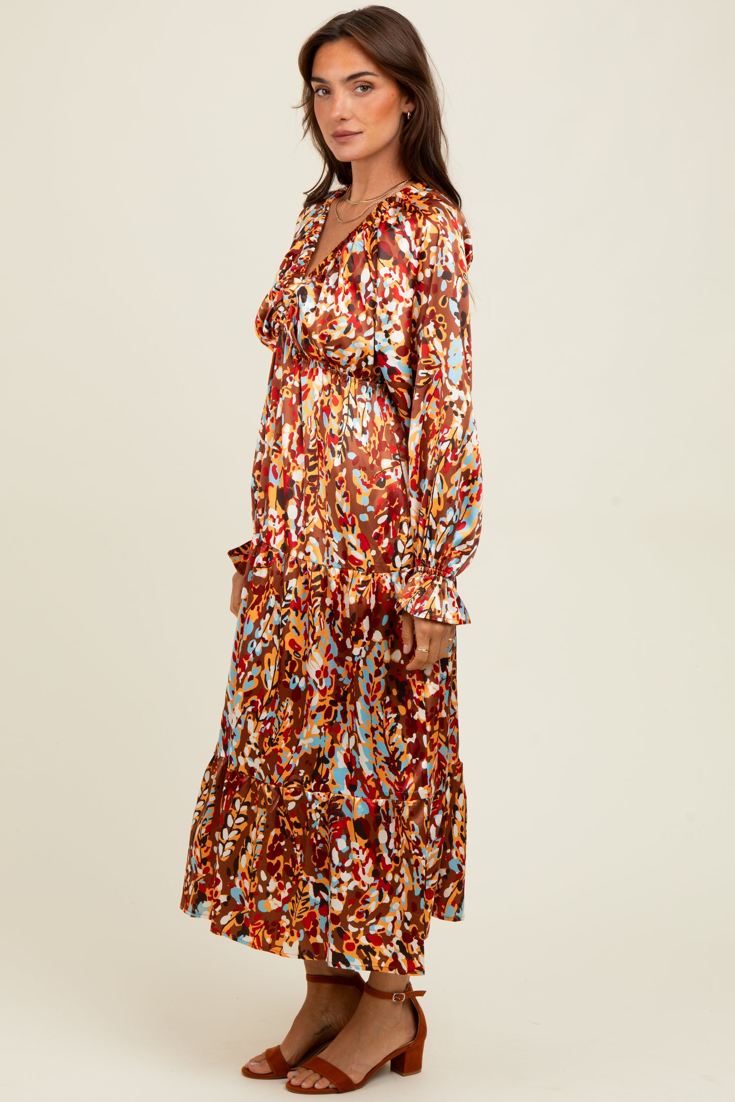 Mocha Multi Color Satin V-Neck Long Sleeve Maxi Dress