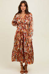 Mocha Multi Color Satin V-Neck Long Sleeve Maternity Maxi Dress