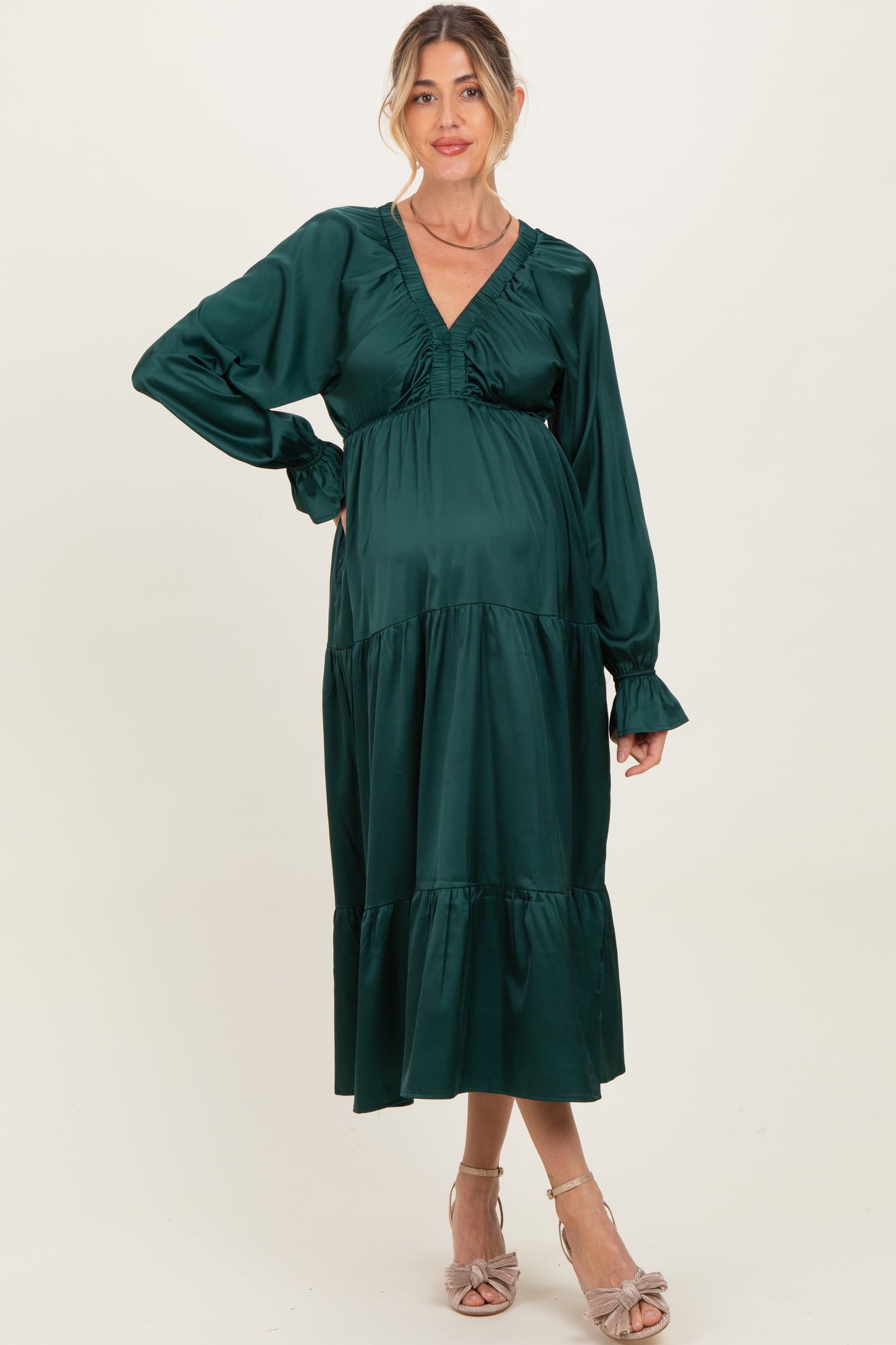 Hunter Green Solid V-Neck Satin Long Sleeve Maternity Maxi Dress PinkBlush Hunter Green Solid V-Neck Satin Long Sleeve Maternity Maxi Dress PinkBlush