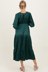 Hunter Green Solid V-Neck Satin Long Sleeve Maternity Maxi Dress