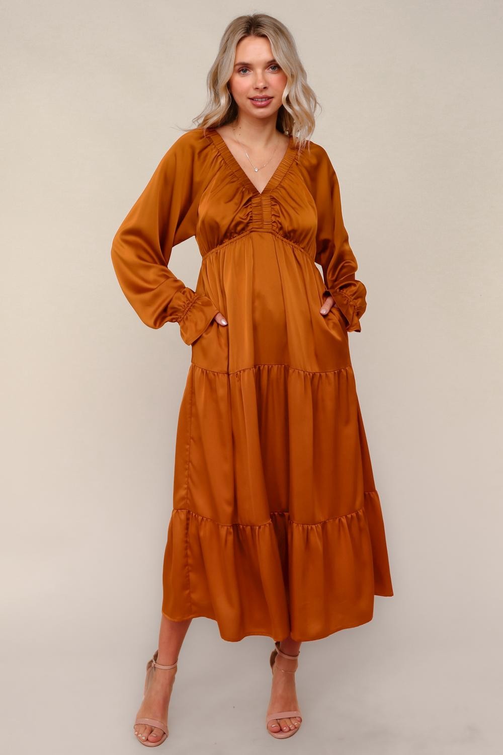 Rust Solid V-Neck Satin Long Sleeve Maxi Dress