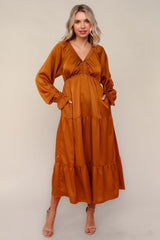 Rust Solid V-Neck Satin Long Sleeve Maxi Dress