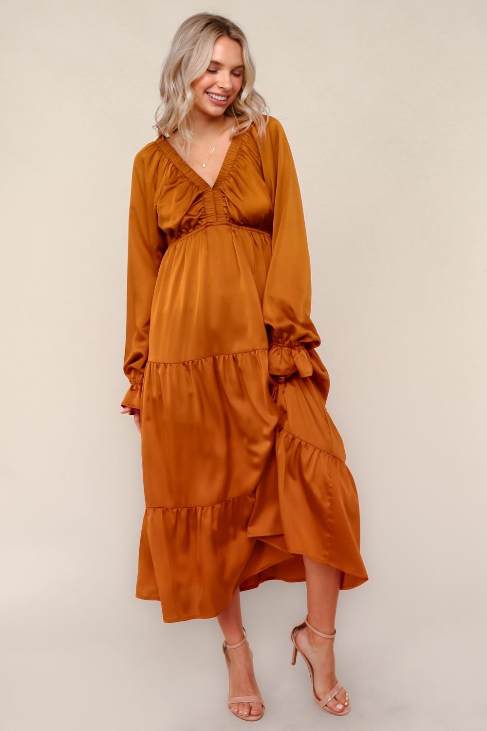 rust color maxi dress Solid V-Neck Satin Long Sleeve sleeve silhouette Size:Pre-order 9 Months PFW FW25 Black PrettyLittleThing Monochrome Lace