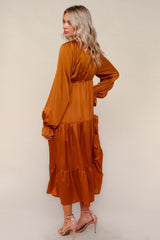 Rust Solid V-Neck Satin Long Sleeve Maxi Dress
