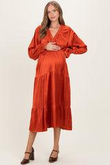 Rust Solid V-Neck Satin Long Sleeve Maternity Maxi Dress
