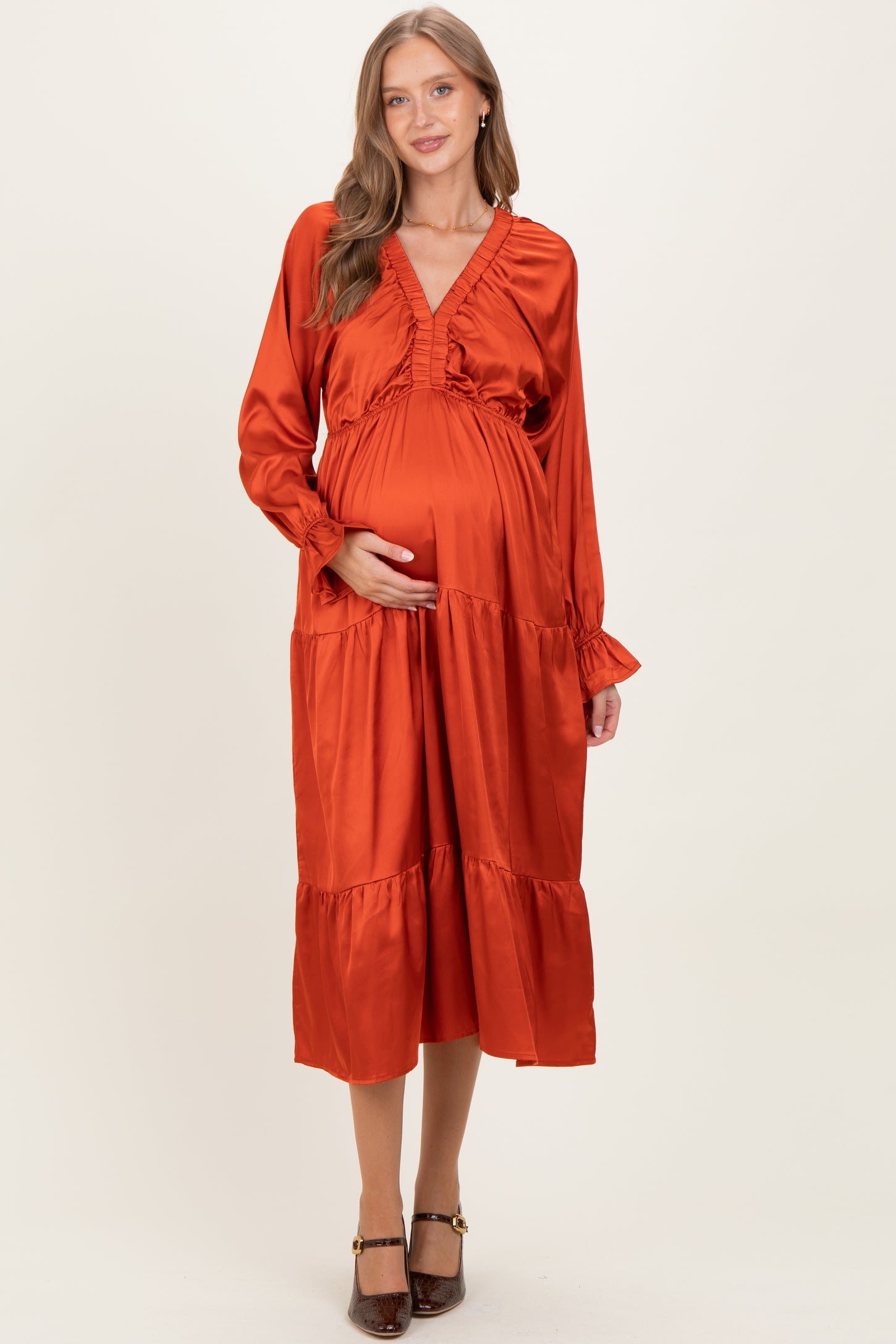 Rust Solid V-Neck Satin Long Sleeve Maternity Maxi Dress