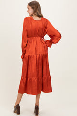 Rust Solid V-Neck Satin Long Sleeve Maternity Maxi Dress