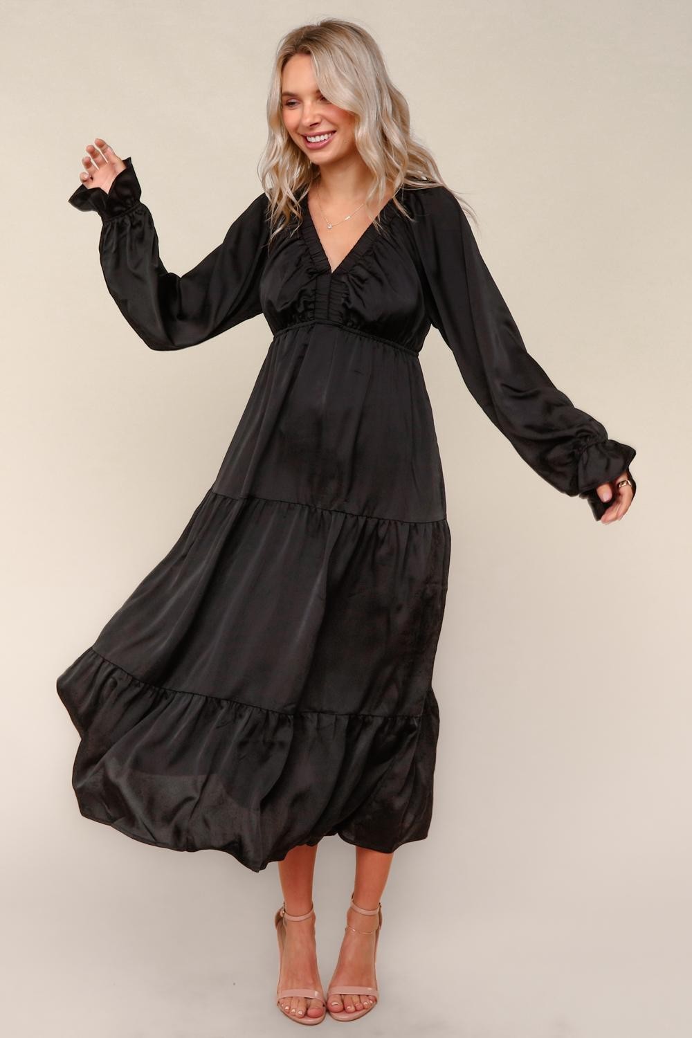 Black Solid V-Neck Satin Long Sleeve Maxi Dress PinkBlush Black Solid V-Neck Satin Long Sleeve Maxi Dress PinkBlush