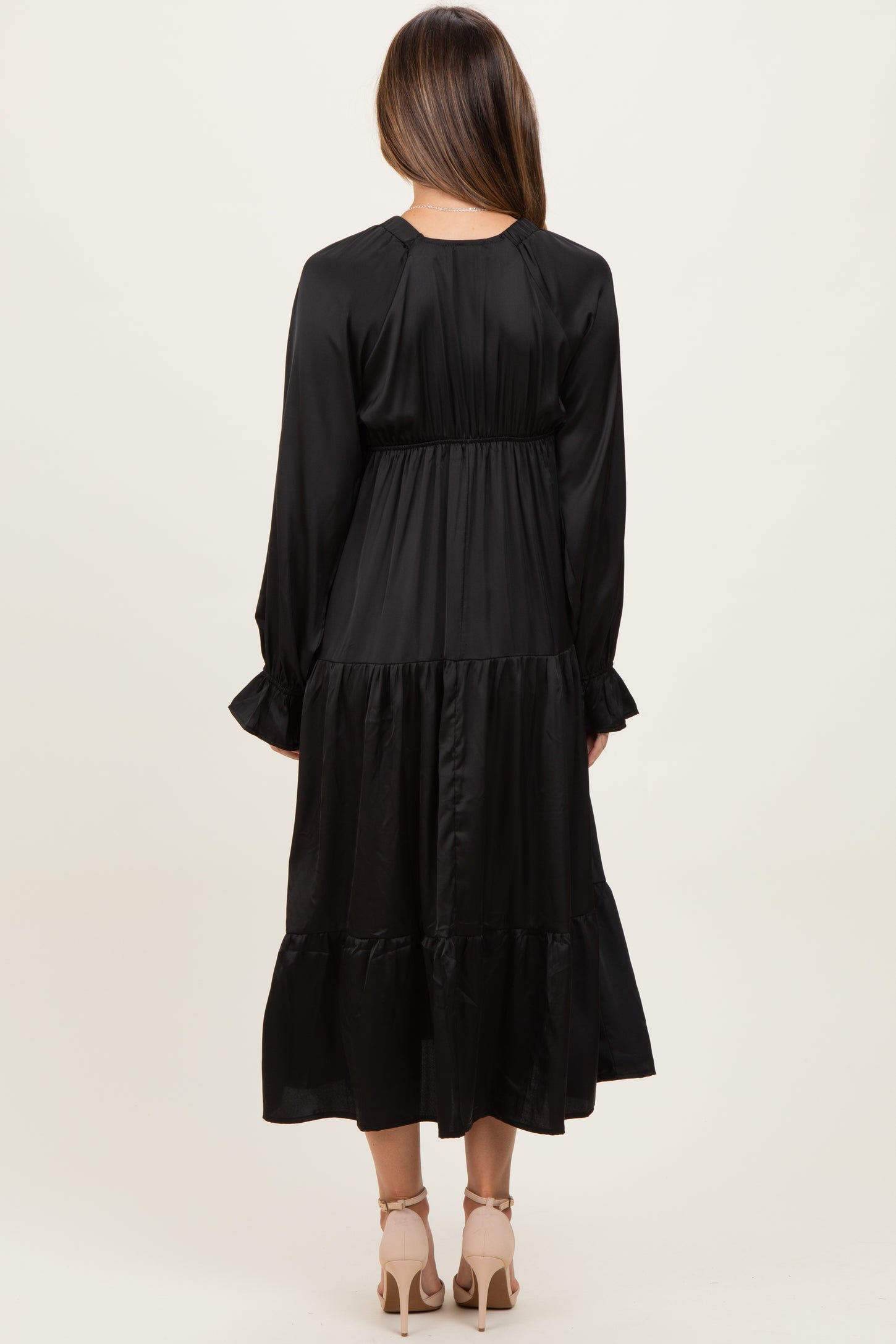 Black Solid V-Neck Satin Long Sleeve Maternity Maxi Dress