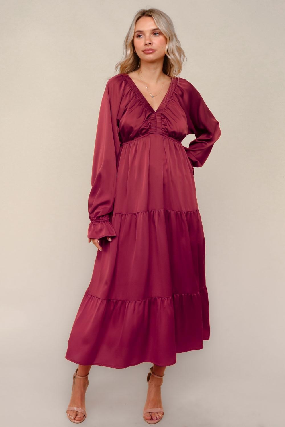 Burgundy Solid V-Neck Satin Long Sleeve Maxi Dress